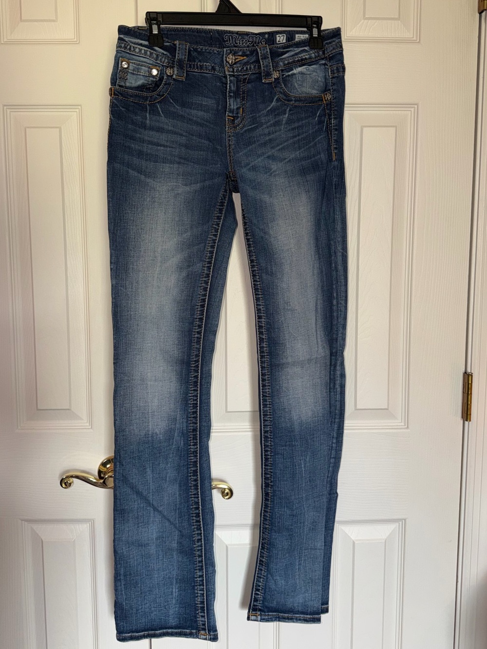Miss Me Medium Blue Straight Leg Jeans mid- rise slim boot